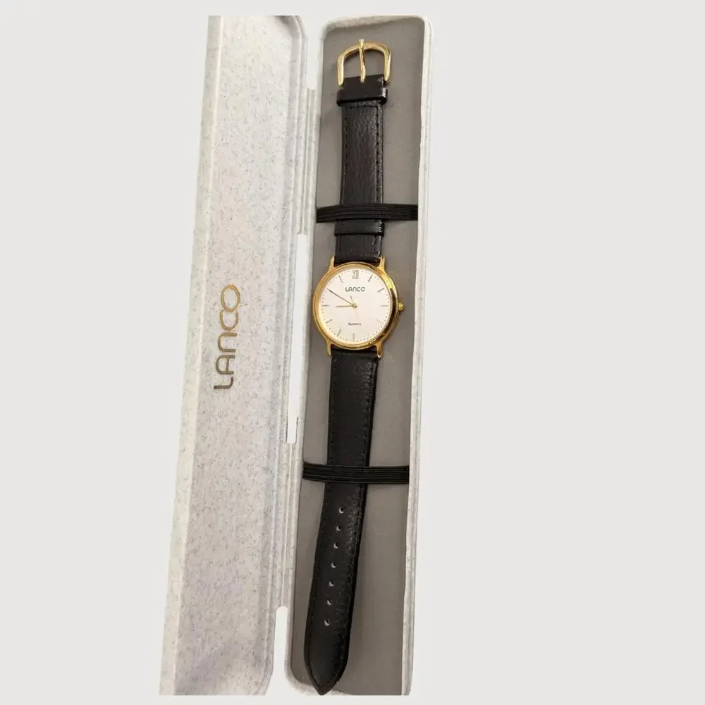 Lanco Swiss Quartz Watch Black Leather Strap Classic Minimalist Timepiece